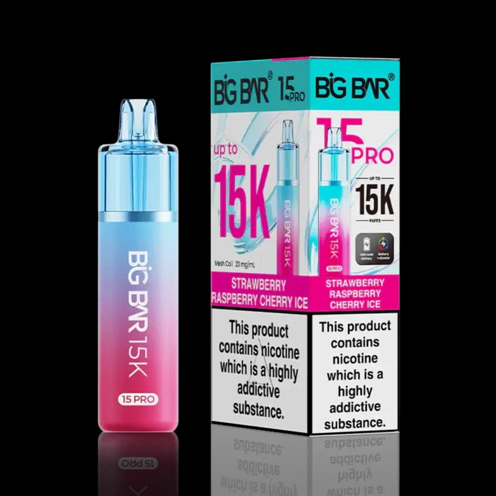  Strawberry Raspberry Cherry Ice Big Bar Pro 15k Vape Kit Box of 5