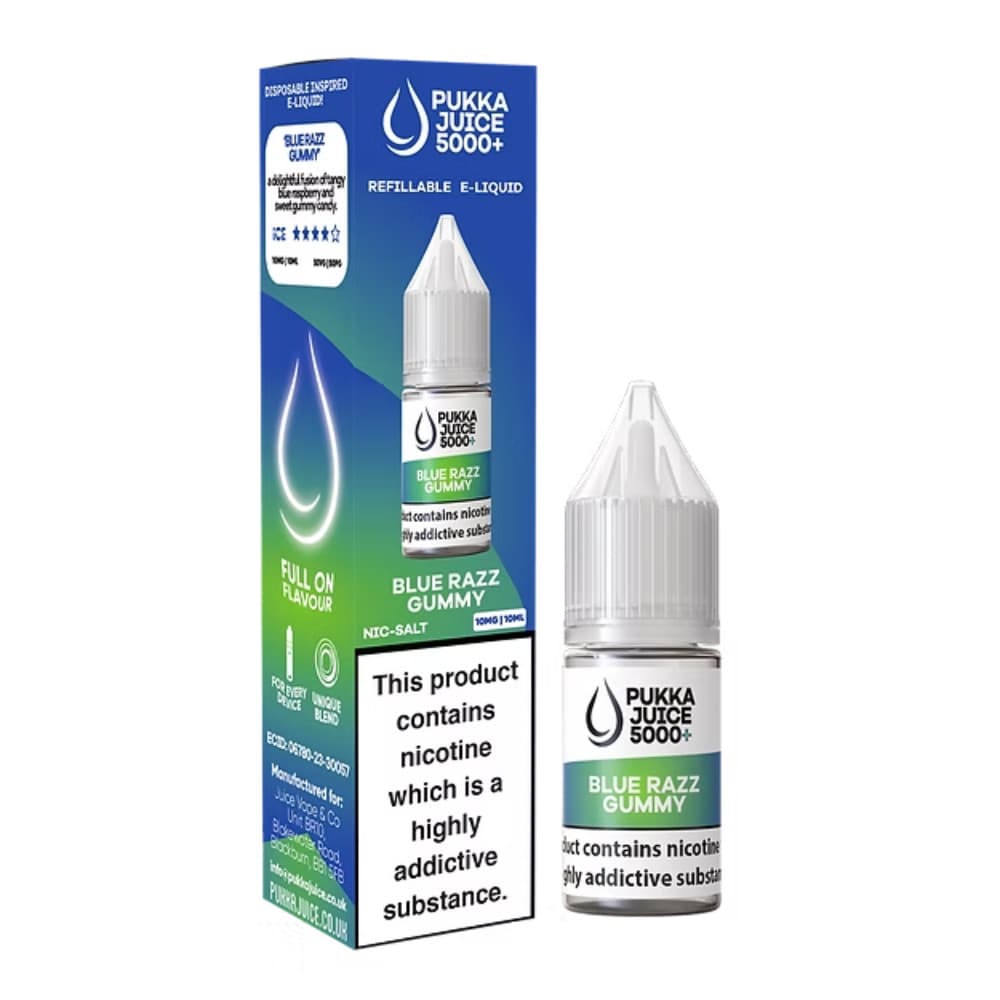  Blue Razz Gummy / 10mg Pukka Juice 5000+ Nic Salts e liquids 10ml Box of 10
